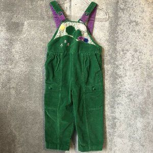 2 Vintage Green Corduroy Overalls Pastoral Scene A